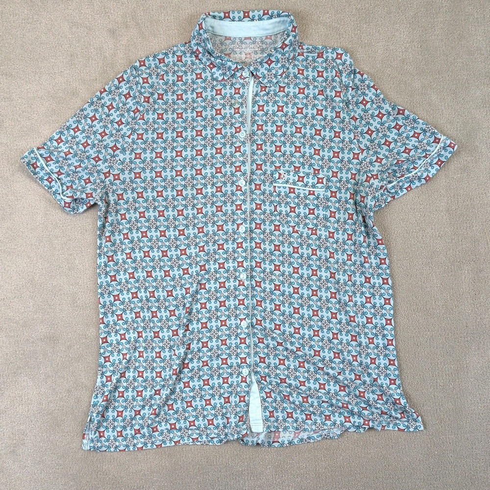Victoria's Secret Pajama Top Mens L Blue Red Geometric Modal Short Sleeve Button